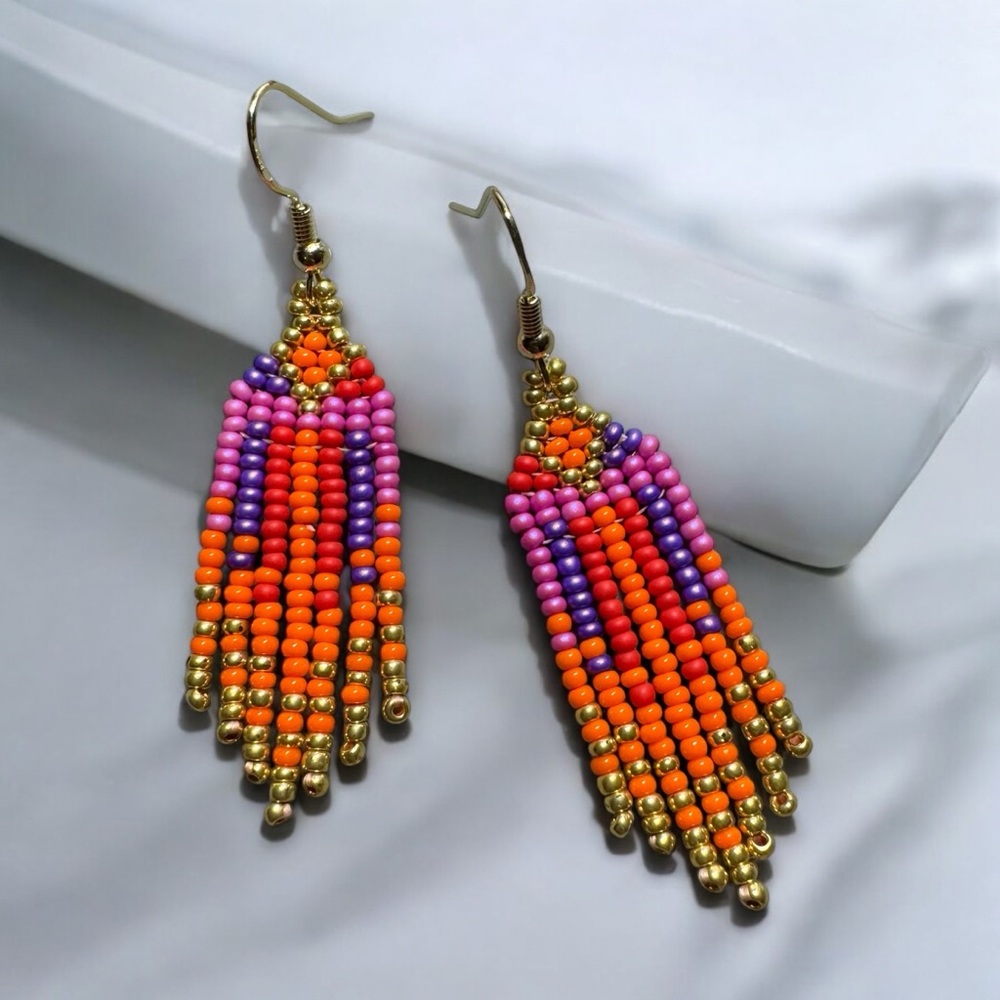 Handmade Seed Bead Beaded Earrings Native American Style Colorful 2.25” Long